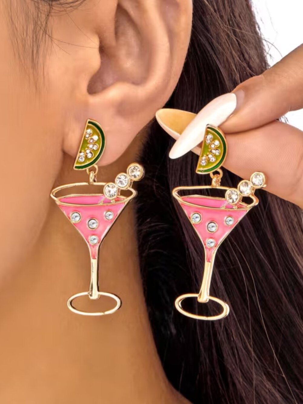 Pink Cocktail Martini Glass Drop Earrings Rhinestone Party Jewelry